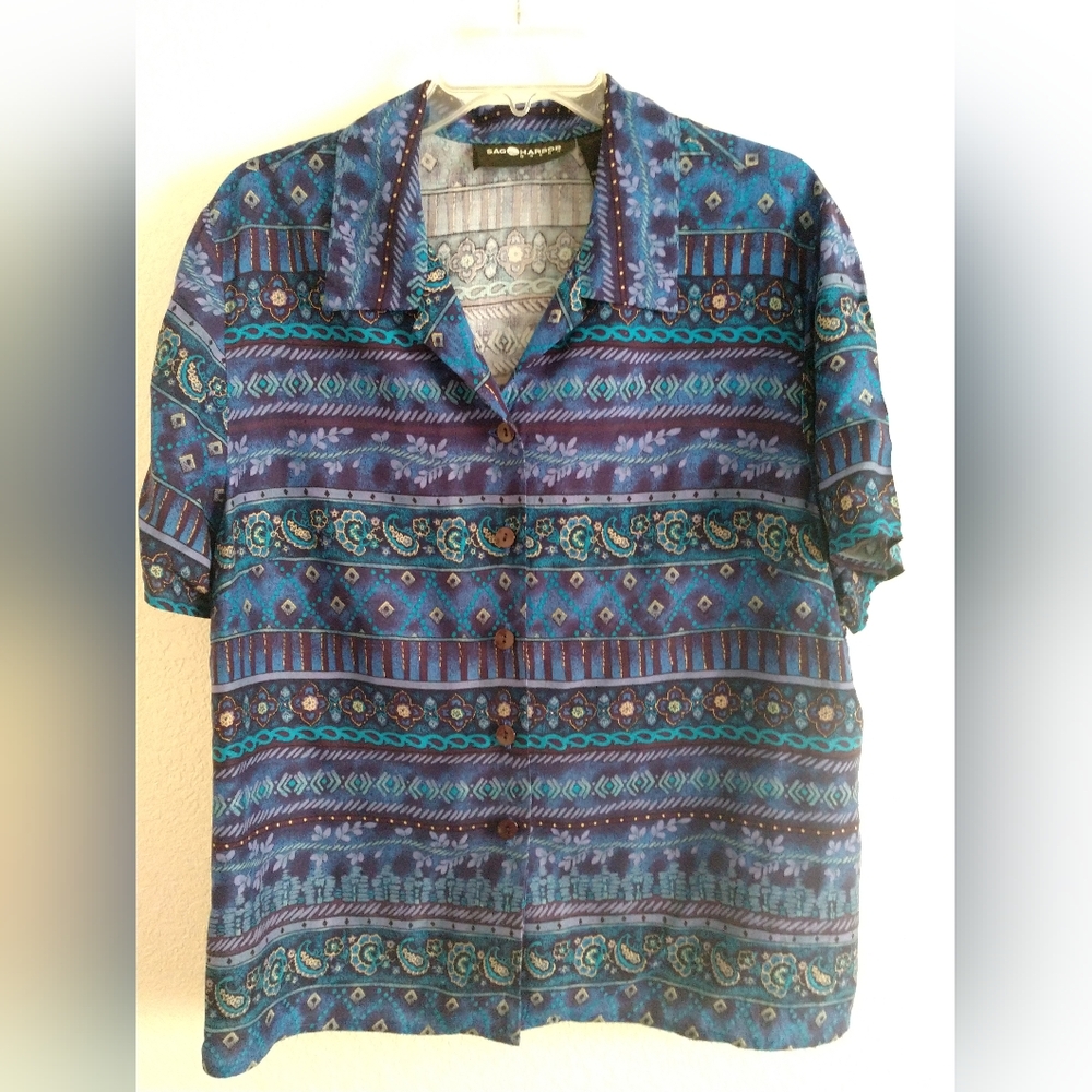 Sag Harbor Short Sleeve Blouse Shirt Blue Geometric Print Size 18 Chest 42"